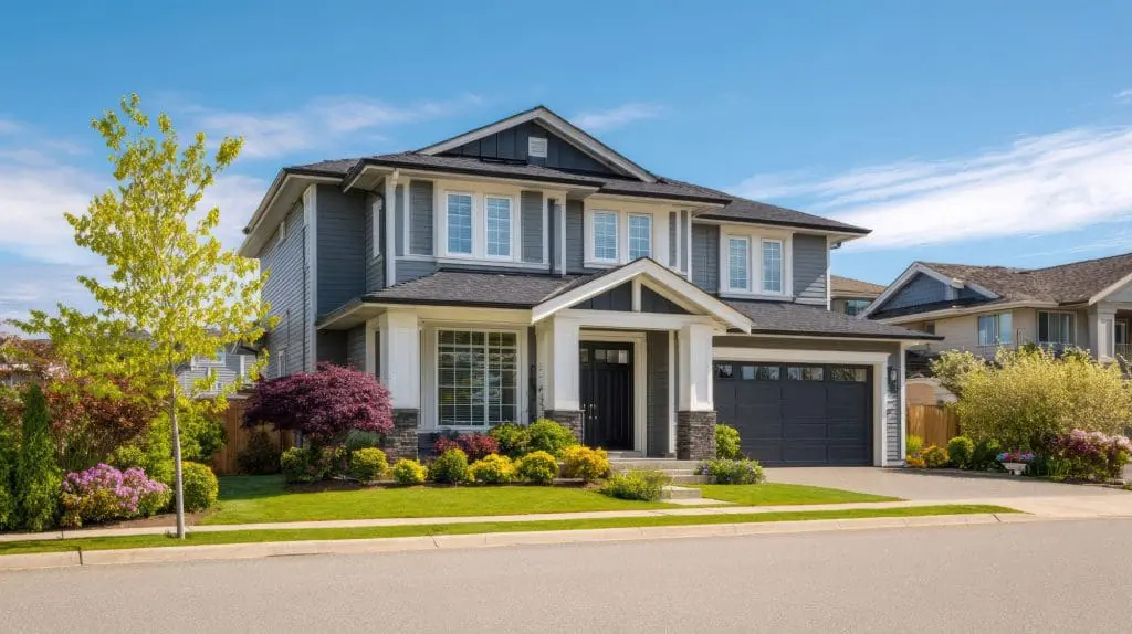 Photo of a well-kept modern suburban family home with a manicured lawn, taken from the street.