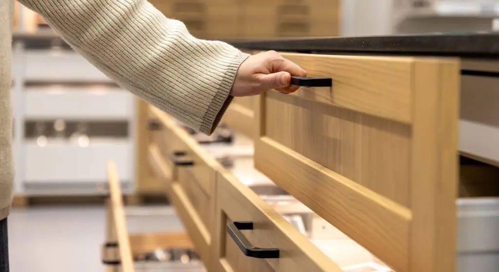 A hand pulls smooth drawers with black handles and warm wood fronts as a modern storage solution.