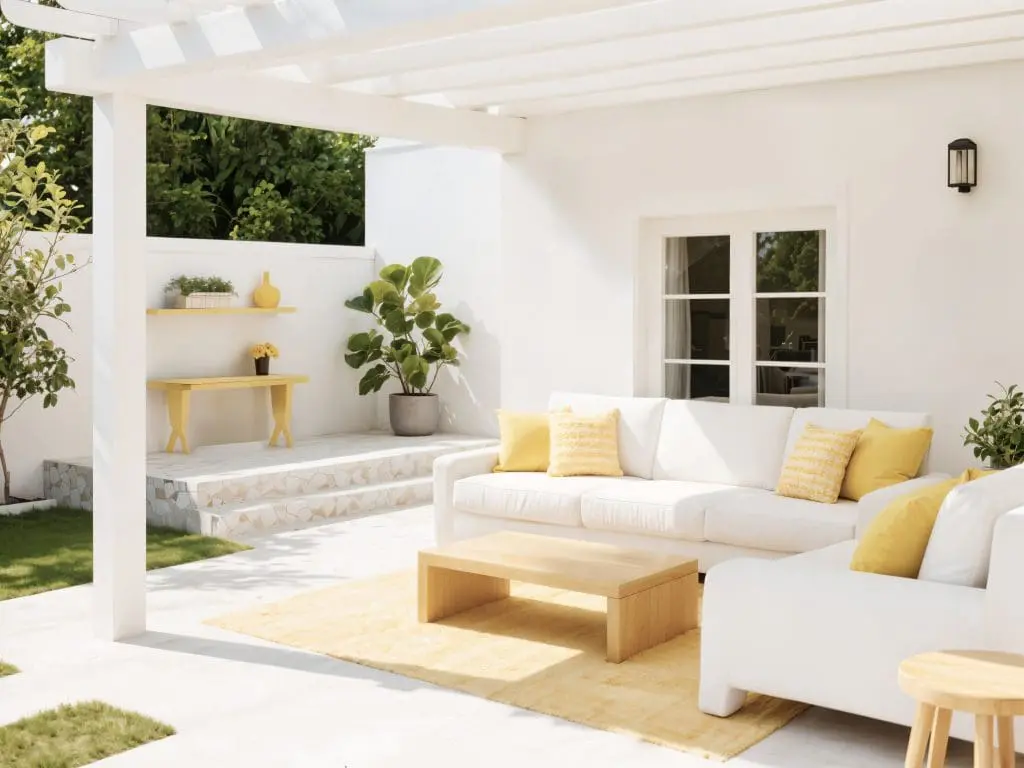 Inviting outdoor patio seating area with white furniture and yellow accents.