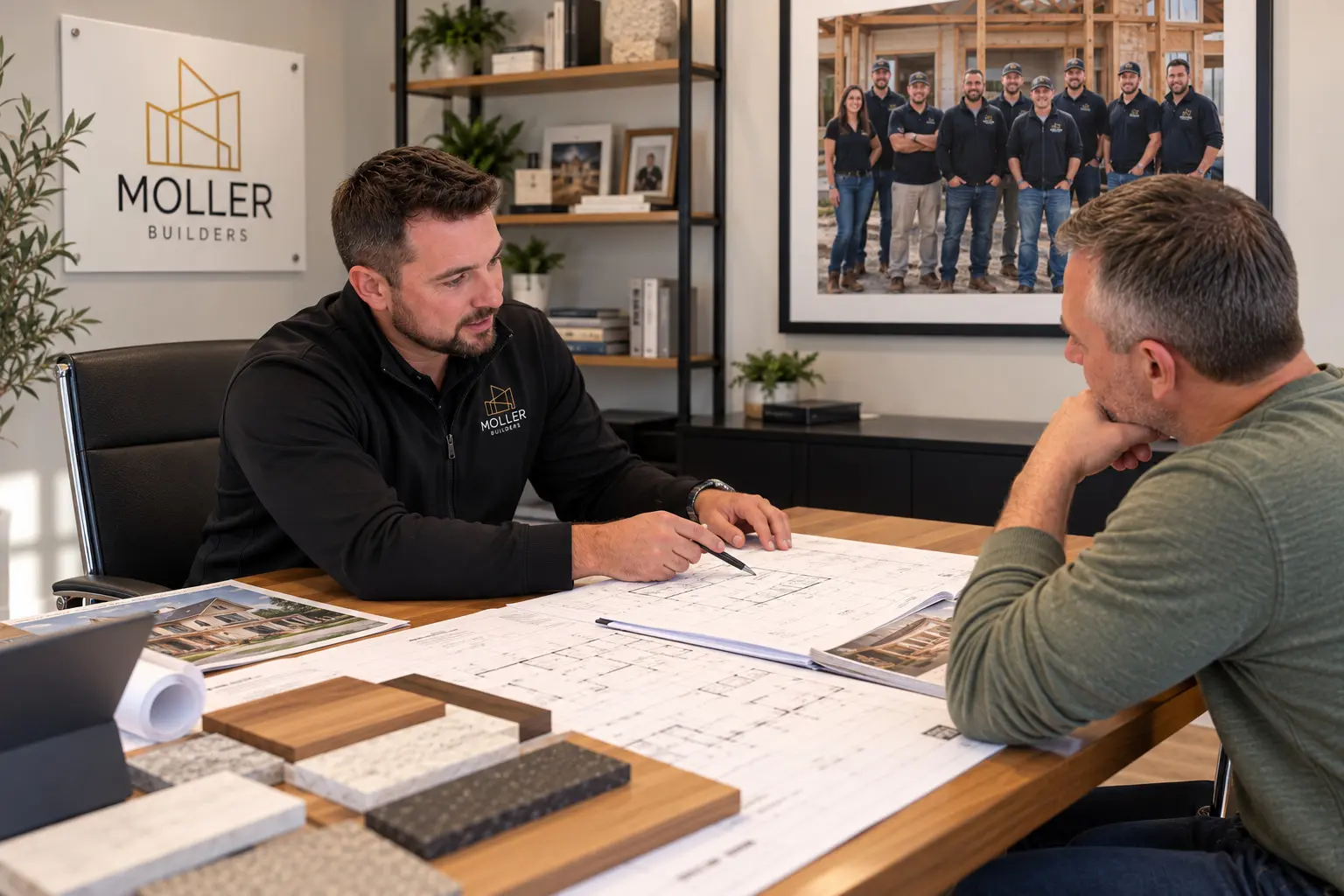 Builder reviewing architectural plans with homeowners for quoting and permits