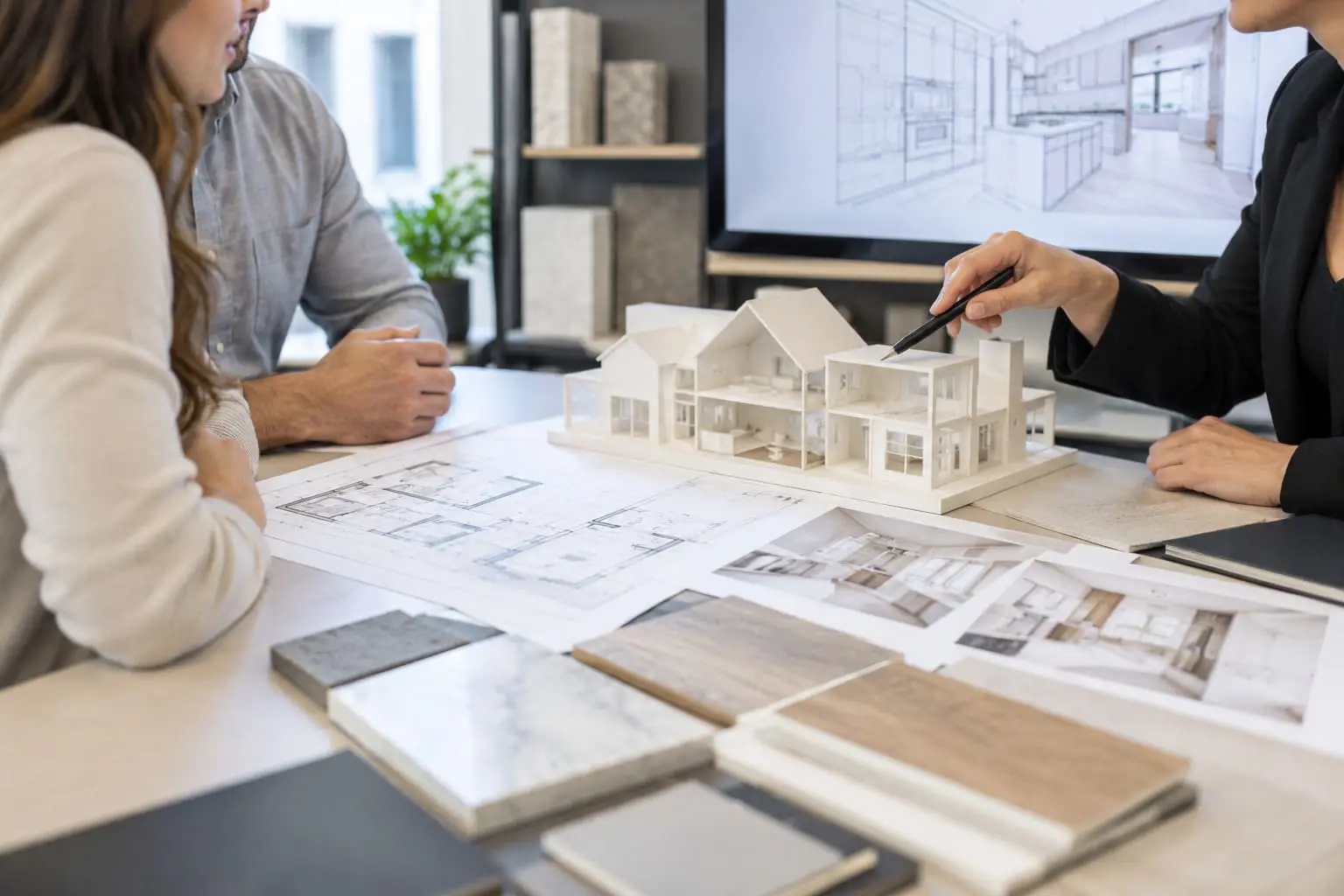 Homeowners reviewing a model and plans during a design consultation